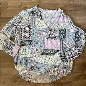 Crown & Ivy Blouse Long Sleeve Women Large V Neck Tunic Print Multi Media Color